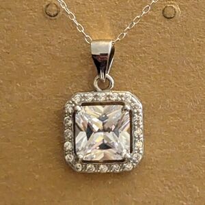 925 Silver Pendant Square Solitaire Crystal surrounded by smaller cubic cluster